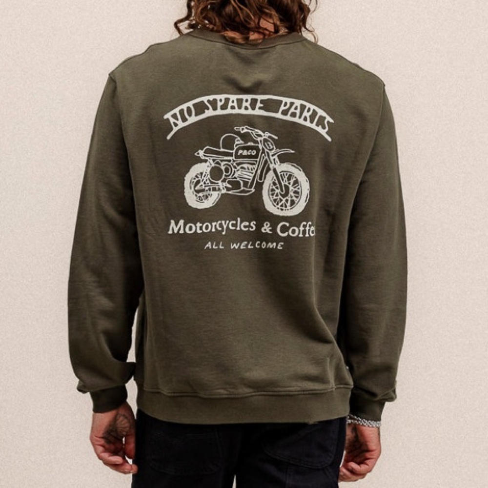 P&Co - No Spare Parts Motorcycles and Coffee Sweatshirt - Olive Green - Large